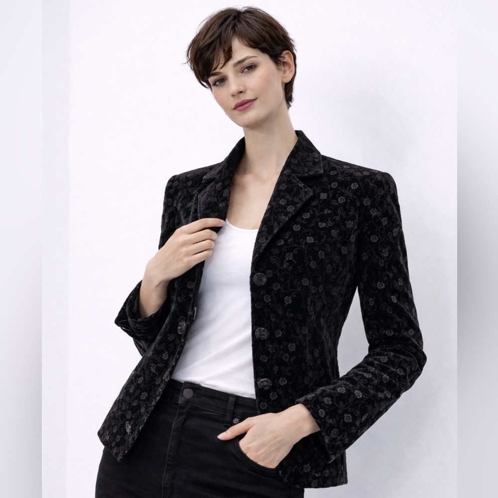 Laura Ashley Black Velvet Blazer Size 10 US Silk Blend Made in Japan